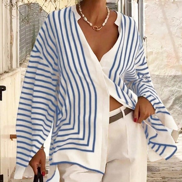 Tops - Blue Casual Women's Elegant Striped Loose Shirt